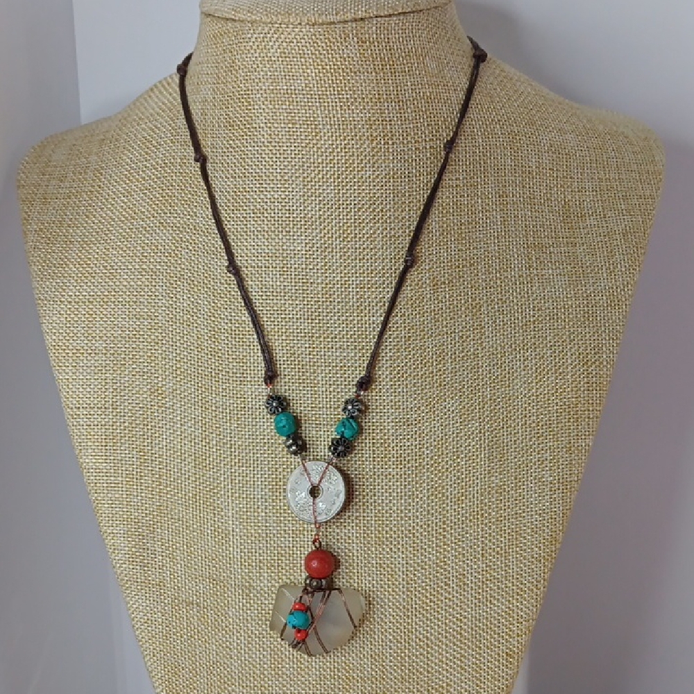 Source Unknown Turquoise and Red Pendant Necklace